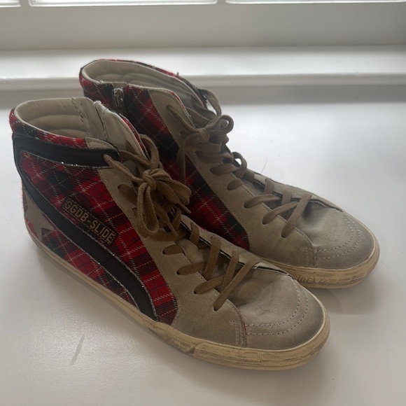 Golden Goose Shoes - Golden Goose Plaid High-Top Sneakers with Brown Laces